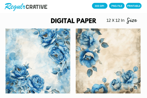 Download Watercolor Blue Rose Digital Paper Pack - Premium Resources