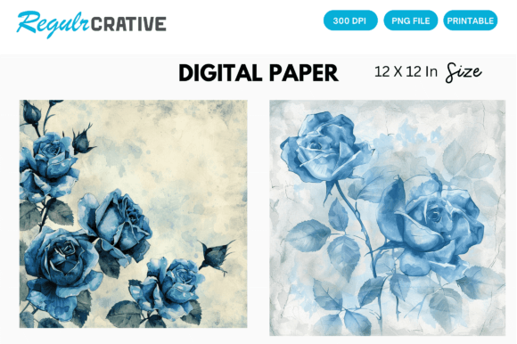 Download Watercolor Blue Rose Digital Paper Pack - Premium Bundle