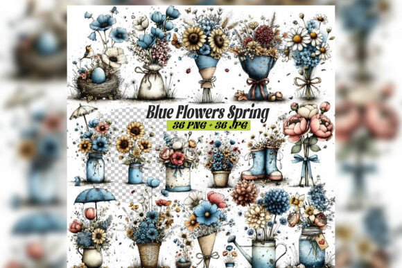 Download Whimsical Blue Spring Flowers Clipart Se - Spring flowers clipart Collection