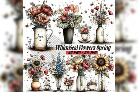 Download Whimsical Spring Flowers Clipart Set - Spring flowers clipart Collection