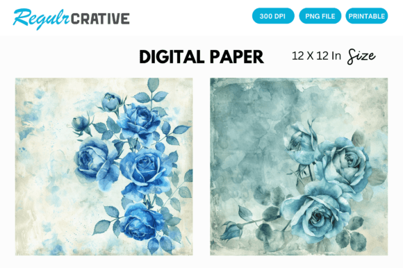 Download Watercolor Blue Rose Digital Paper Pack - Premium Bundle